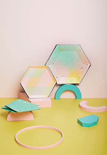 Harlow & Grey Pastel Splatter Party Plates Set, 8 Ct, 10.5” Hexagon Pastel Pack, Disposable Paper Dinnerware Supplies For Kids Birthday, Shower, Easter, Light Pink, Green, Yellow, Silver #TOP3