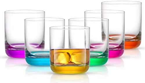 JoyJolt HUE Colorful Whiskey Set. 6pc Bar Glasses, 10oz Drink Glasses. Double Old Fashioned Glass - Modern Whiskey Glass Set, Low Ball Glasses, Tumbler Cocktail Glasses, Whiskey Glasses.