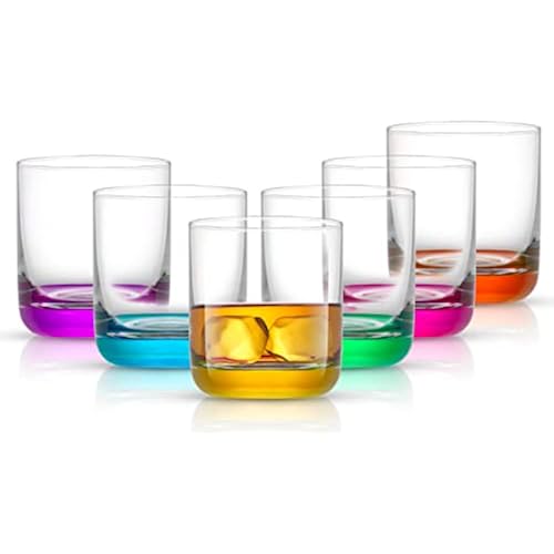 JoyJolt Hue Colorful Whiskey Set of 6, 10oz Drink Glasses, Double Old Fashioned Glass, Modern Whiskey Glass Set for Bar, Low Ball Cocktail Tumbler Glasses