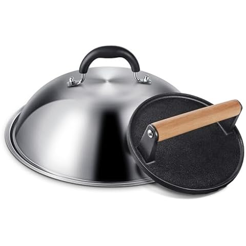 Griddle Accessories for Blackstone, Commercial Grade 12 Inch Heavy Duty Round Melting Dome with 7" Round Cast Iron Grill Burger Bacon Press, Perfect for Blackstone Camp Chef Flat Top Griddle Grill Cover