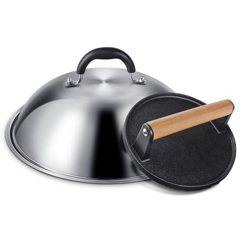 Griddle Accessories for Blackstone, Commercial Grade 12 Inch Heavy Duty Round Melting Dome with 7" Round Cast Iron Grill Burger Bacon Press, Perfect for Blackstone Camp Chef Flat Top Griddle Grill by EWFEN - Used condition - US$20.92