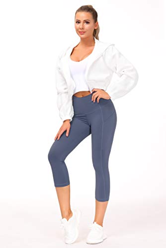 Image of THE GYM PEOPLE Thick High Waist Capris Yoga Pants with Pockets, Tummy Control Workout Running Yoga Leggings for Women