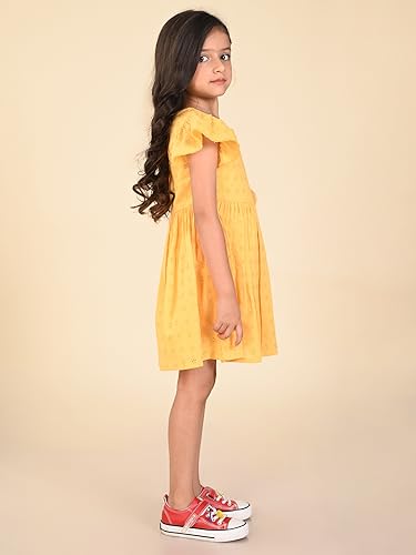 Image of LILPICKS Schiffli Embroidered Knee Length Fit n Flare DressFor Girls (Yellow)