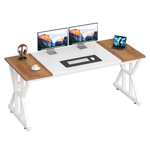 Image of 55 inch Large Computer Desk with Thickened Frame for Home Office, Living Room | Modern Simple Executive Desk, Larger Gaming Desk with X-Shaped ReInchforcement, Brown /White