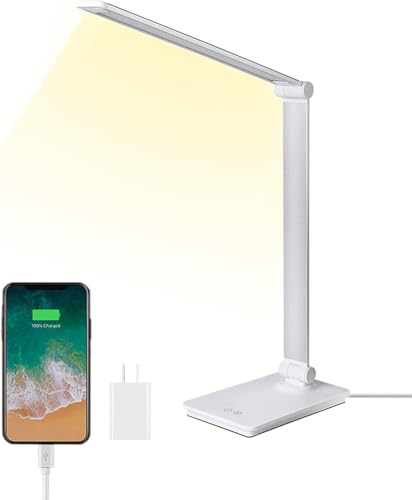 ELITUN Schreibtischlampe, tischlampe led 5 Farb 3-stufiges Dimmen tageslichtlampe usb Ladefunktion schreibtischlampe kinder stilllicht mit Memory-Funktion Augenfreundliche Leselampe bürolampe weiß
