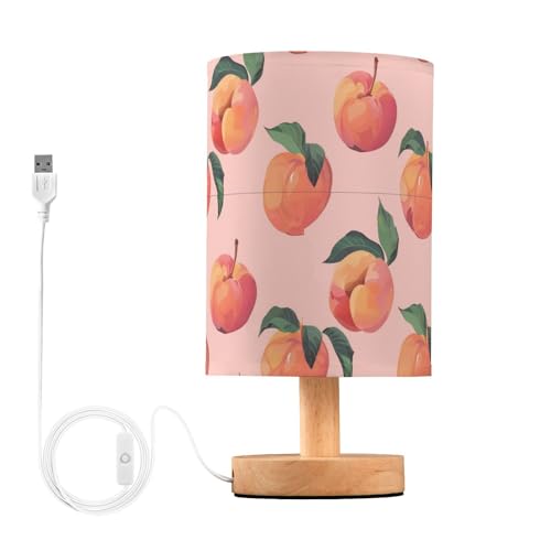 Image of beeplus Sweet Peach Pattern Table Lamp Bedside Nightstand Lamps for Bedrooms - Bedside Lamps for Nightstand, Wood Base Round Flaxen Fabric Shade for Living Room, Office Desk