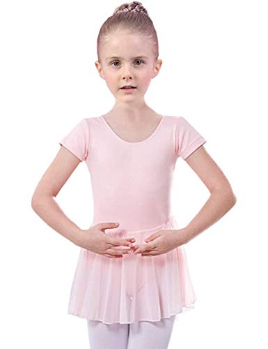 Dance Leotard for Girls, Aukareny Skirted Short Sleeve, Dance Dress Ballet (XX-Small, Light Pink)