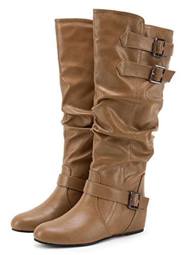 Syktkmx Womens Slouch Wide Mid Calf Boots Slip On Buckle Strap Flat Fall Winter Knee High Shoes #TOP3