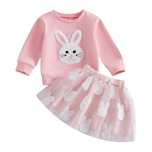 Image of Toddler Girl Easter Outfit Cute Bunny Letter Embroidery Sweatshirt Party Tutu Tulle Skirt Kids Spring Clothes