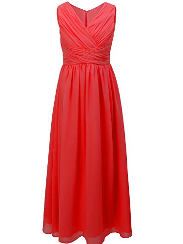 FAIRY COUPLE Girl's V-Neck Juniors Bridesmaid Party Dresses Long Flower Girl Dress Size 14 Red