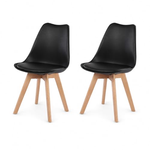 EGGREE Lot de 2 chaises de Cuisine en Bois SGS Tested Rétro Rembourrée Chaise de Salle de Bureau avec Pieds en Bois de Hêtre Massif - Noir
