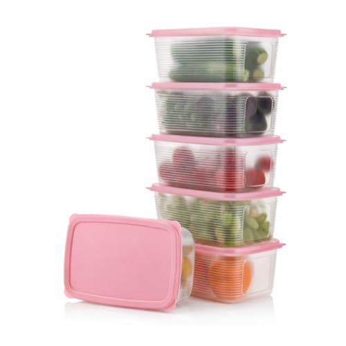 Image of PureChill Set of 6 Fridge Storage Containers 1800ml BPA Free Food Grade Plastic Stackable Transparent Boxes Freezer Safe for Vegetables Fruits Snacks Kitchen Made in India