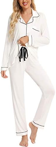 Senert Pajamas for Women Lounge Cotton Sleepwear Comfy Soft Long Button Down Pjs Set Pajamas Set White,X-Large