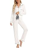 Senert Pajamas for Women Lounge Cotton Sleepwear Comfy Soft Long Button Down Pjs Set Pajamas Set Whi