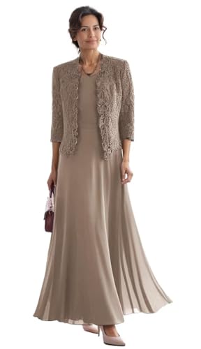3/4 Sleeve Mother of The Bride Dresses Pantsuit 2 Piece Lace Chiffon Tea Length Grandmother of Groom Dresses for Wedding Guest Taupe Formal Gowns with Jacket Us12