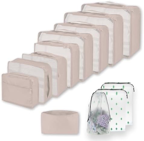 Packing Cubes 12-teilig, Große Koffer Organizer & Packtaschen für Koffer zum Gepäckpacken, Familienreisen, Aufbewahrung zu Hause (12, Greige)