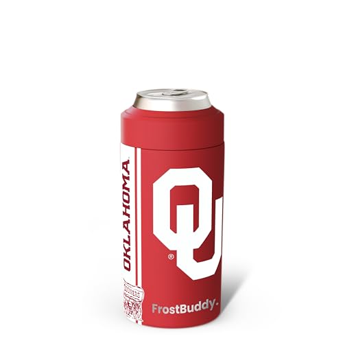 Frost Buddy NCAA Universal Buddy - Fits All - Stainless Steel Can Cooler for 12 oz & 16 oz Regular or Slim Cans & Bottles - Stainless Steel (Oklahoma Sooners)