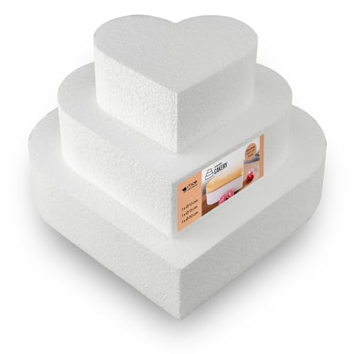MCE-Commerce Lot de 3 gâteaux en polystyrène en Forme de cœur-Hauteur : 5 cm, 10 cm, 15 cm, 20 cm, Blanc, 20x20x15cm