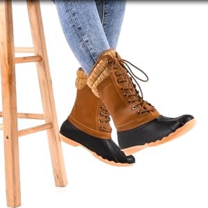 Winter Duck Boots with Knit Collar, Waterproof, Warm Lined, Lace-up Design, Brown and Black4