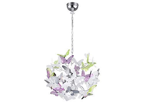 Suspension LED ludique à intensité variable - 4 ampoules - Métal argenté chromé avec de nombreux papillons en acrylique multicolores - Diamètre : 50 cm.