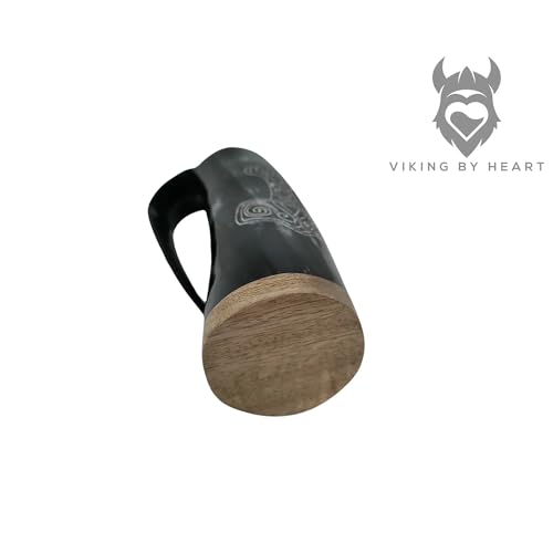 Jarra de cuerno de vikingo de 13 oz con base de madera tallada de martillo de Thor 4