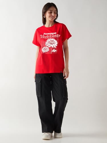 Image of Bewakoof Women's 100% Cotton Typography Boyfriend Fit Half Sleeve Round Neck T-Shirt | Casual wear | Streetwear | Oversized Tshirt for Woman Cotton| Baggy