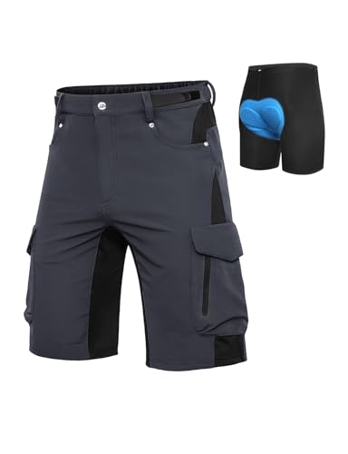 Cycorld MTB Hose-Kurz-Herren-Fahrradhose-Gepolstert, Schnelltrocknende MTB Shorts Radlerhose Atmungsaktiv Radhose Herren Kurz mit Verstellbaren Klettverschlüssen(Dark Grau, L)
