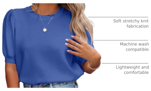 Image of Womens Puff Short Sleeve Sweater Tops Crewneck Basic Knit Pullover Lightweight Casual Sweaters