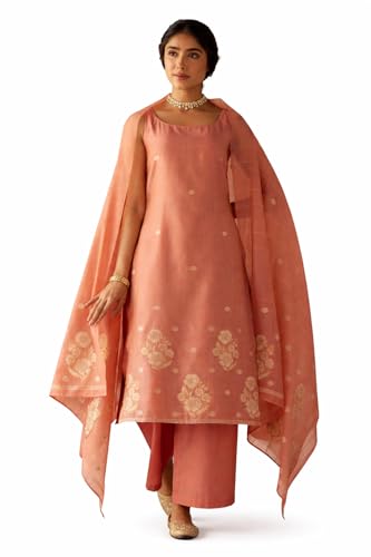 Image of FIORRA Women Peach Cotton Jacquard Woven Kurta Set with Dupatta