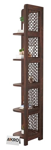 Image of Sheesham Wood Brick Corner Shelf for Living Room Bedroom Home | CNC 5 Tier Corner Bookshelf | Wooden Ladder Bookcase Display Unit (Walnut Finish)