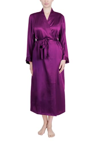 OSCAR ROSSA Women's Silk Sleepwear 100% Mulberry Silk Long Kimono Robe, Purple Wine, L/XL