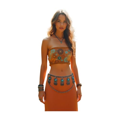 Women Bohemian Fashion Belt Antique Silver Metal Chain Feather Charm Turquoise Beads XS S M4