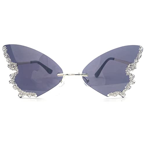 Female Diamond Butterfly Sunglasses for Women UV Protection Vintage Party Rimless Rhinestone bling Sunglasses Eyewear (black)