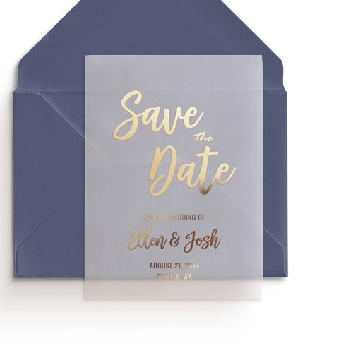 XOXOKristen Custom Gold Save the Date cards for Weddings with Envelopes printed on Translucent Vellum Paper, Personalized Save the Dates for Wedding Invitations, Rose Gold and Silver Foils, 5x7 or 4x6