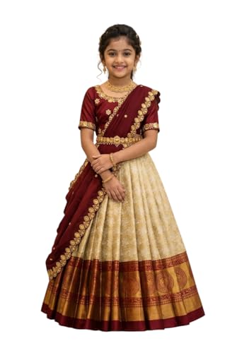 Image of White Button New latest half Saree South Indian Langa Voni pattu pavadai lehenga choli for girls
