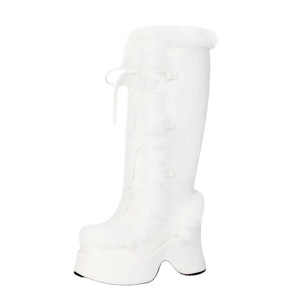 JJDFW Fluffy Warm Winter Long Boots For Women Snow Boot Faux Fur Lace-up Thick Platform Female Cosplay Christmas Shoes
