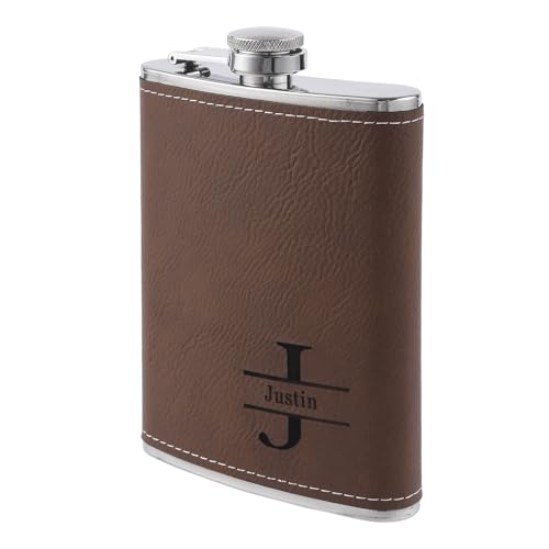Personalized Hip Flasks Custom for Men: Engraved with Name & Letters Leather 8oz Hip Flasks - Gifts for Wedding Bachelor Party Christmas Birthday - for Him Father Husband Boyfriend