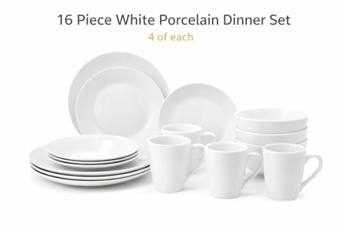 Elegant White Porcelain Dinnerware Set 16 Pieces | 4 Dinner Plates 9", 4 Side Plates 7.5", 4 Bowls 7", 4 Mugs 11oz | Dishwasher & Microwave Safe - Image 2