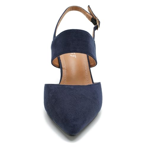 Women's Slingback Kitten Heel Pointed Toe Dress Pumps Ankle Strap Comfortable Elegant Dress Wedding Party Shoes Navy Blue 42-9.5US2