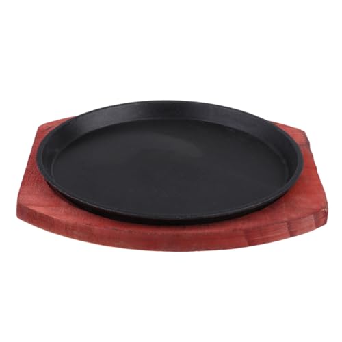 Garneck Thick Cast Iron Grill Plate Sizzling Pan Set with Wooden Steak Plates Nonstick Fajita Skillet for Home Cooking Even Heat Distribution Round Surface