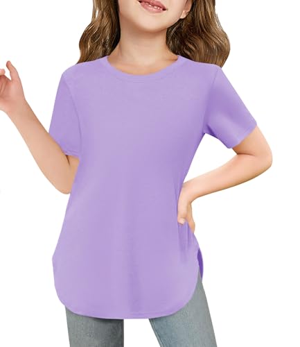 Image of Haloumoning Girls Summer Short Sleeve Shirt Kids Crewneck Curve Hem Soft Tunic Tops T-Shirts 5-14 Years