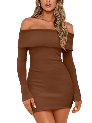 LILLUSORY Womens Sweater Dress 2025 Fall Off The Shoulder Mini Bodycon Going Out Long Sleeve Sexy Fashion Trendy Clothes Outfits Formal Homecoming Wedding Guest Party Winter Caramel S