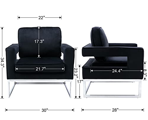 Cimota Velvet Armchair Modern Black Accent Chair Upholstered Comfy Single Chair Barrel Chair With Open Back/Chrome Base For Living Room/Corner, Black #TOP1
