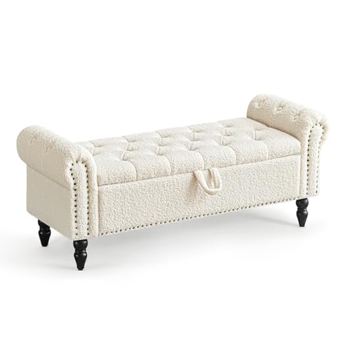 Furniliving Modern Storage Ottoman Bench, Sherpa Ottoman End of Bed Bench with Solid Wood Legs Upholstered Ottoman Benches with Storage Indoor Bench for Living Room with Rolled Arm, Entryway, White