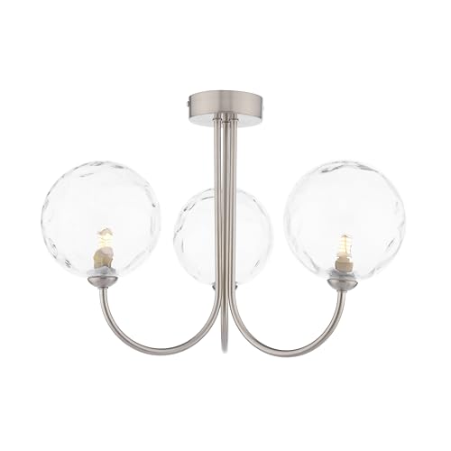Image of DAR Jared 3 Light Semi-Flush Ceiling Light, Satin Nickel with Clear Dimpled Glass, Scandi Style, 330mm Height, Indoor, AC Powered