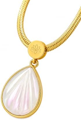 Mother of Pearl Teardrop Pendant Necklace, Gold Snake Chain | Shell Carved Design, Lotus Engraved Clasp, Iridescent Stone, Teardrop Shape, Gold-Tone Setting image 5