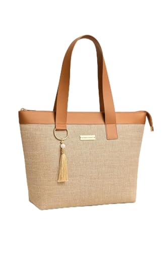 Bolsa Feminina Praia Moderna Tela Rústica, bolsa de Mão-ombro casual Verão com zíper, 40x27x12cm Anti-umidade e Anti-UV 100%, Mescla Caqui