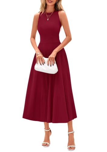 PRETTYGARDEN Women's Summer Pleated Midi Work Dress,Burgundy,M