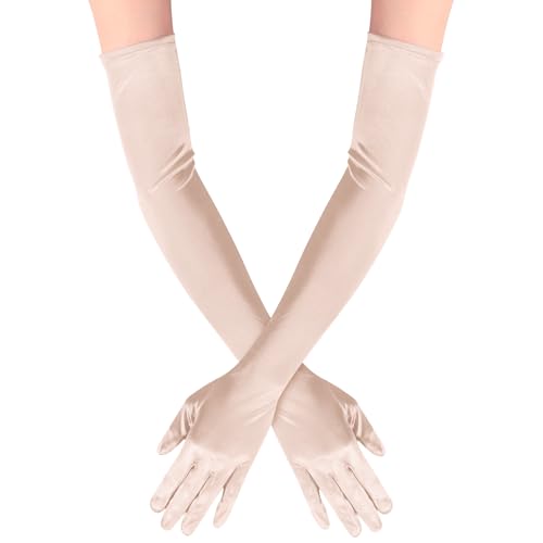 Lansian Long Opera Party Gloves for Women 1920s 20s Satin Gloves Costumes Elbow Length Bridal Evening Dress 21.6 inches (Champagne)