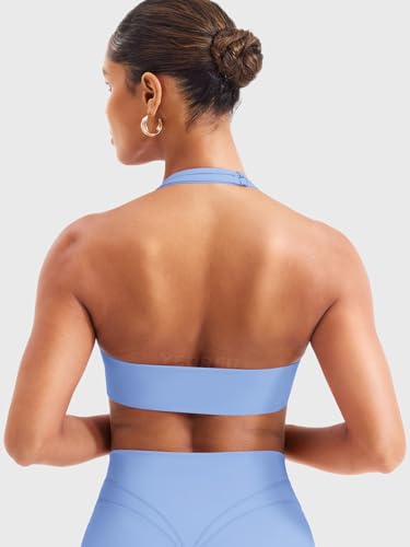 Image of YEOREO Women Halter Sports Bra Light Support V Neck Padded Strappy Open Back Workout Gym Tops